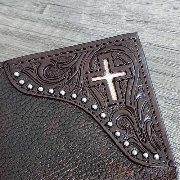 Western Dark Brown Leather Bifold Wallet Cowhide Inlay Cross Silver Stud Accent - Picture 8 of 13